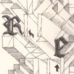 Close up and cross hatching of a few letters and angles.