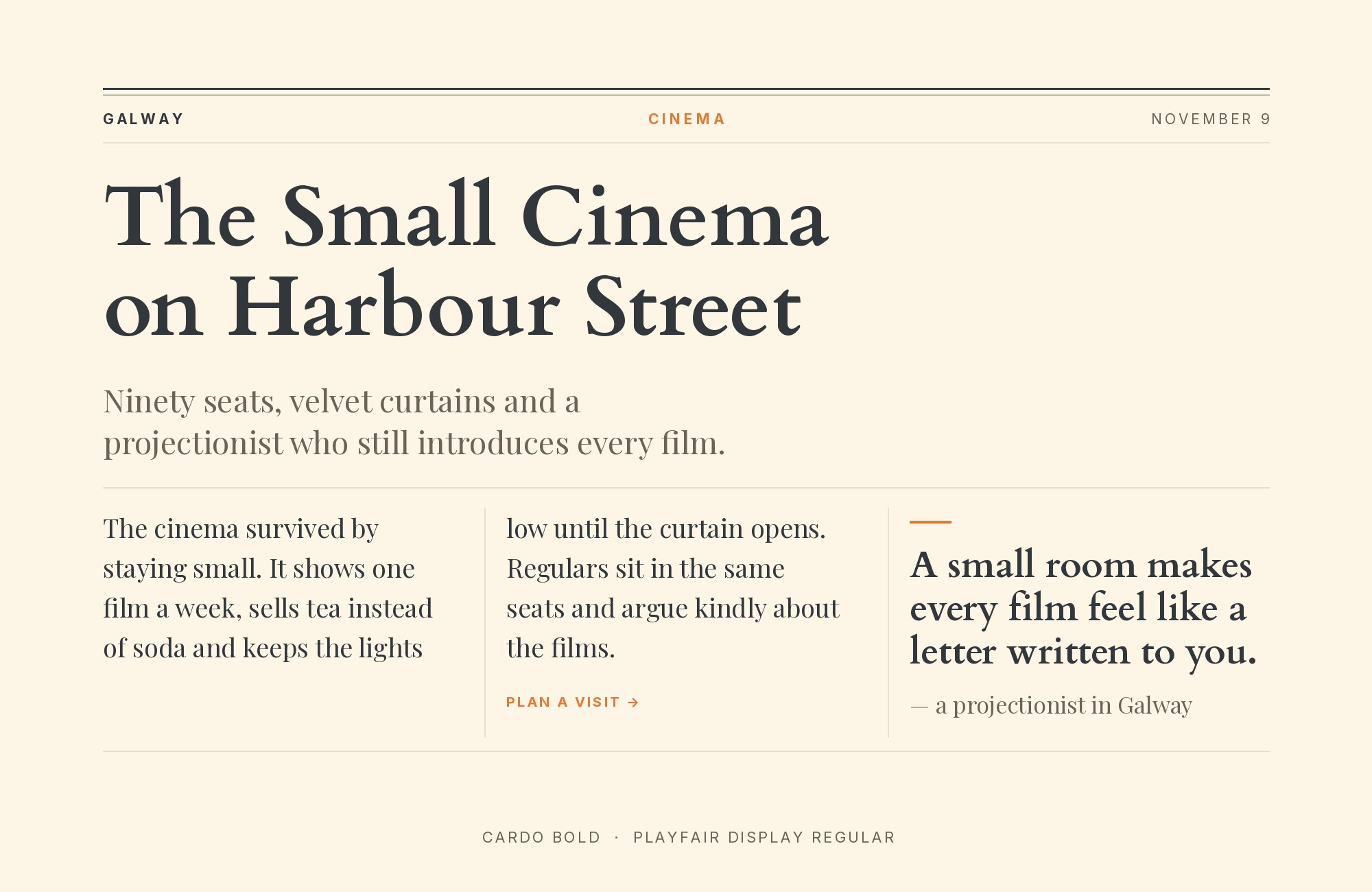 Cardo and Playfair Display font pairing: Cardo headline with Playfair Display body text