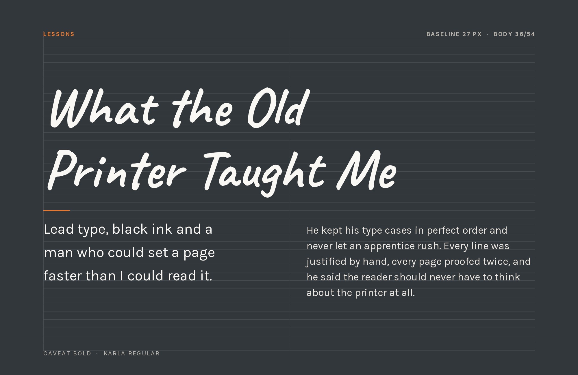 Caveat and Karla font pairing: Caveat headline with Karla body text