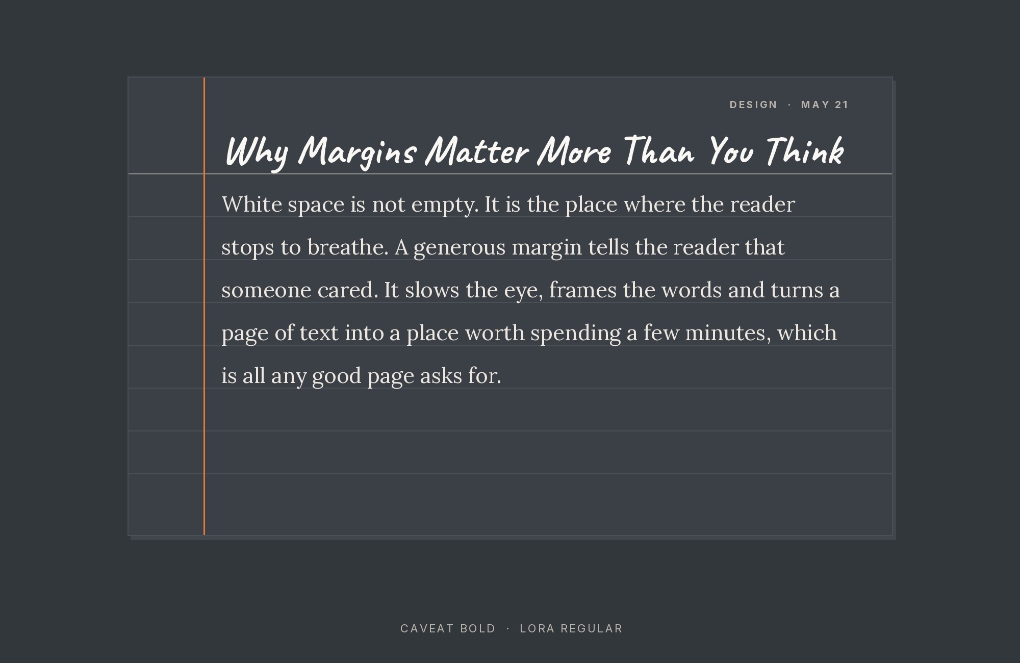 Caveat and Lora font pairing: Caveat headline with Lora body text