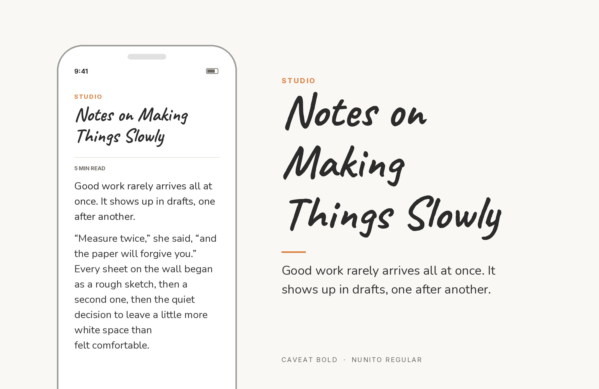 Caveat and Nunito font pairing: Caveat headline with Nunito body text