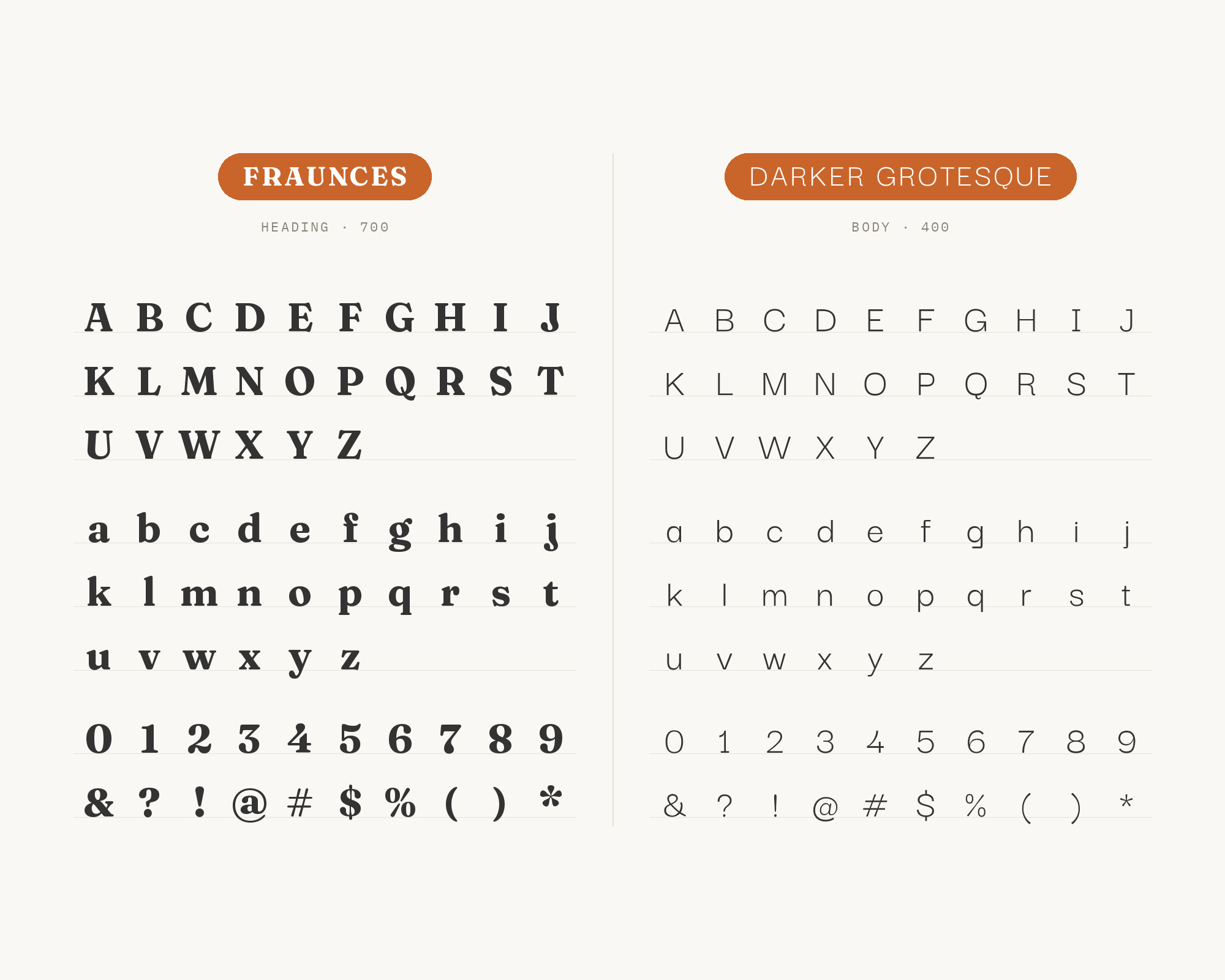 Character specimen: Fraunces (heading) and Darker Grotesque (body) letters, numbers and symbols side by side