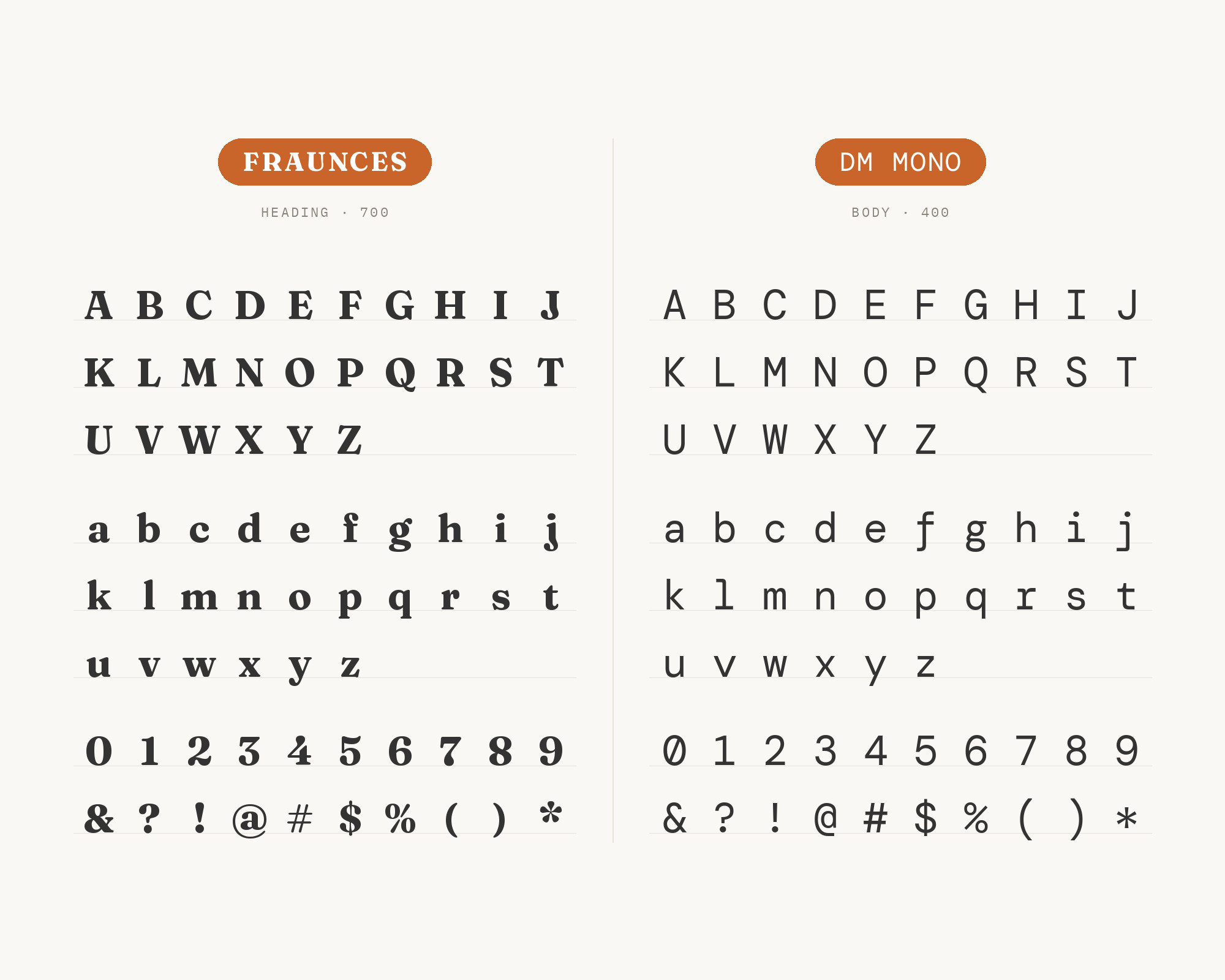 Character specimen: Fraunces (heading) and DM Mono (body) letters, numbers and symbols side by side