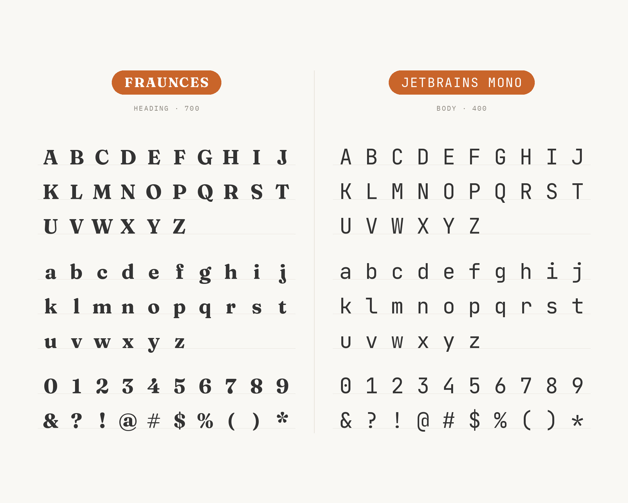 Character specimen: Fraunces (heading) and JetBrains Mono (body) letters, numbers and symbols side by side