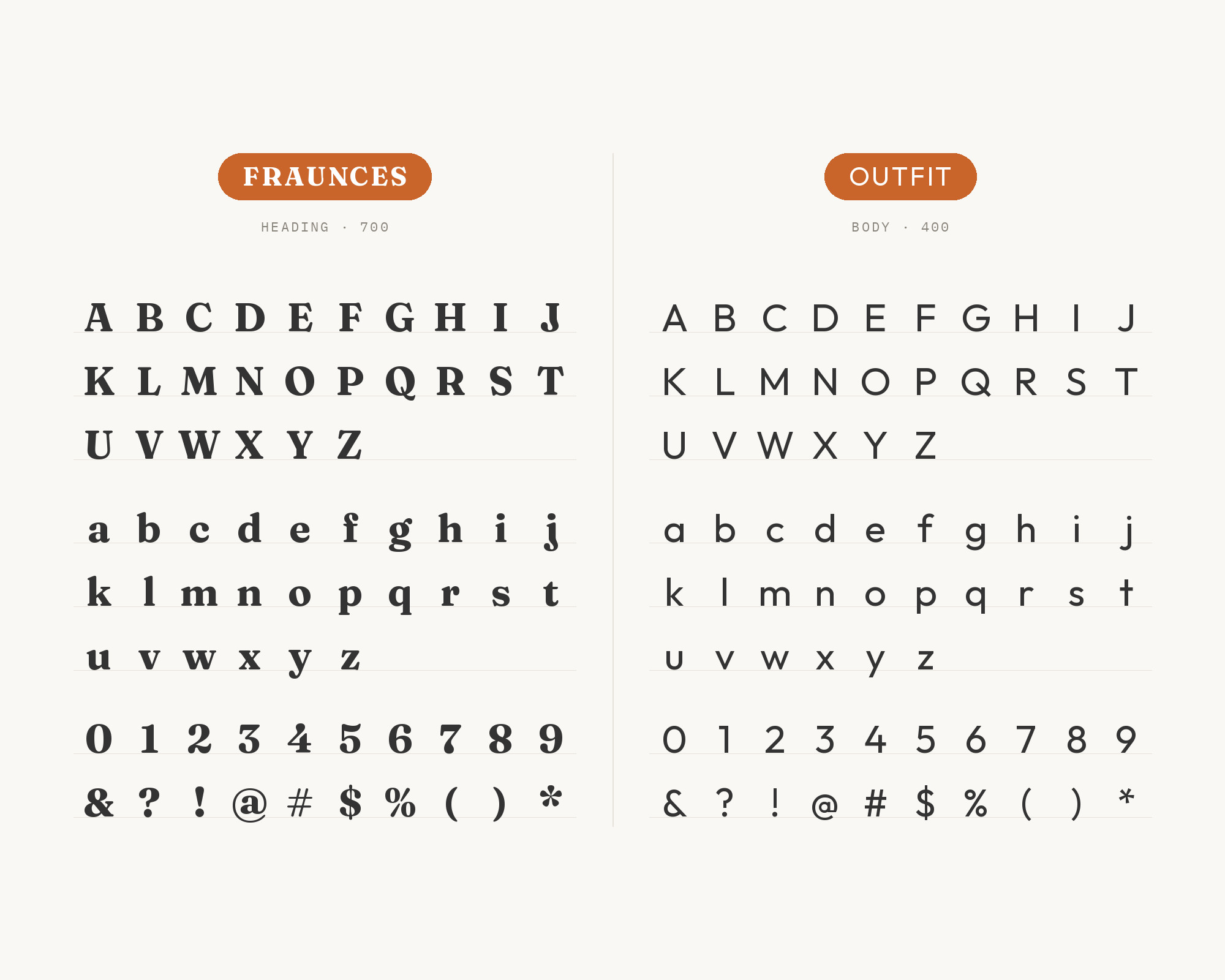 Character specimen: Fraunces (heading) and Outfit (body) letters, numbers and symbols side by side