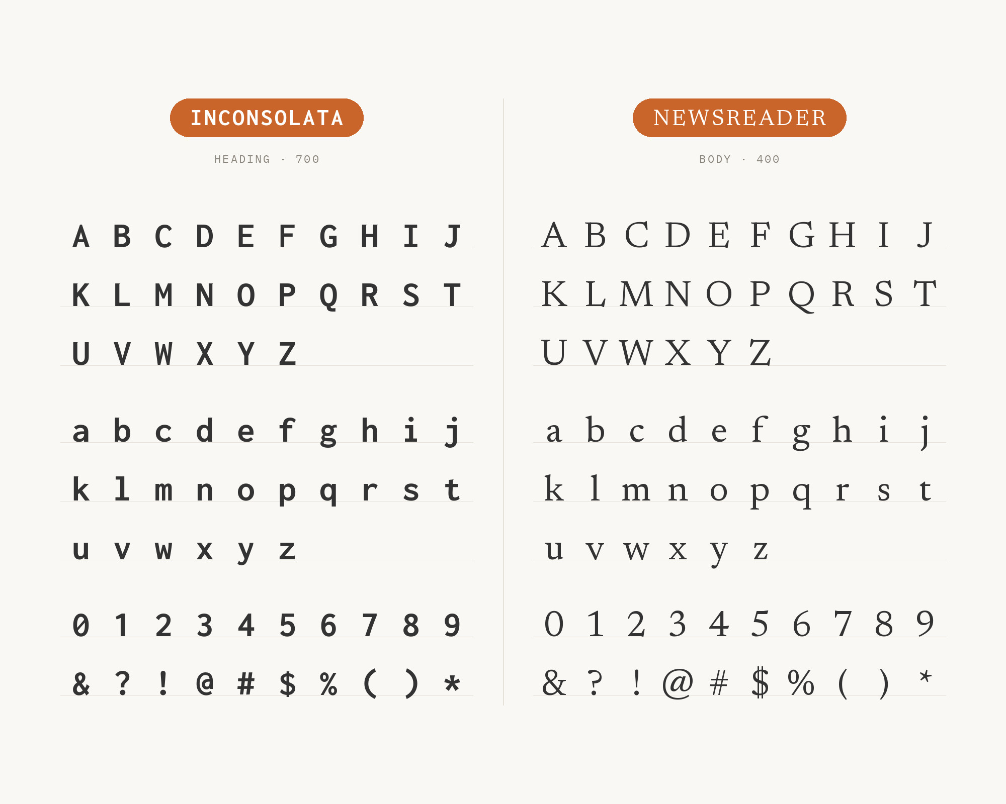 Character specimen: Inconsolata (heading) and Newsreader (body) letters, numbers and symbols side by side