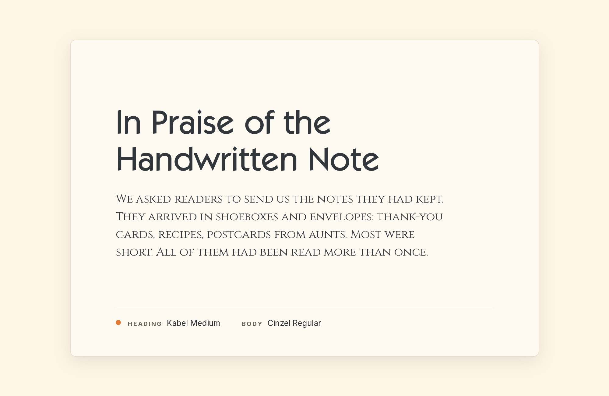 Kabel and Cinzel font pairing: Kabel headline with Cinzel body text