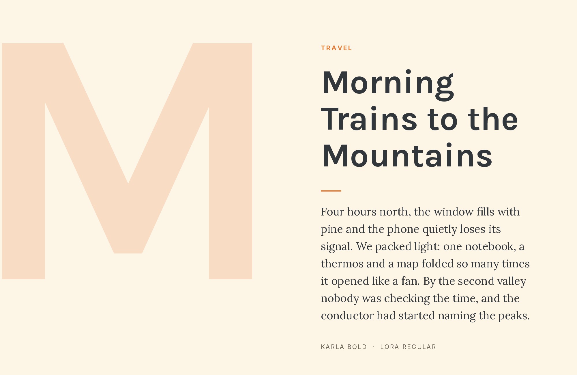 Karla and Lora font pairing: Karla headline with Lora body text