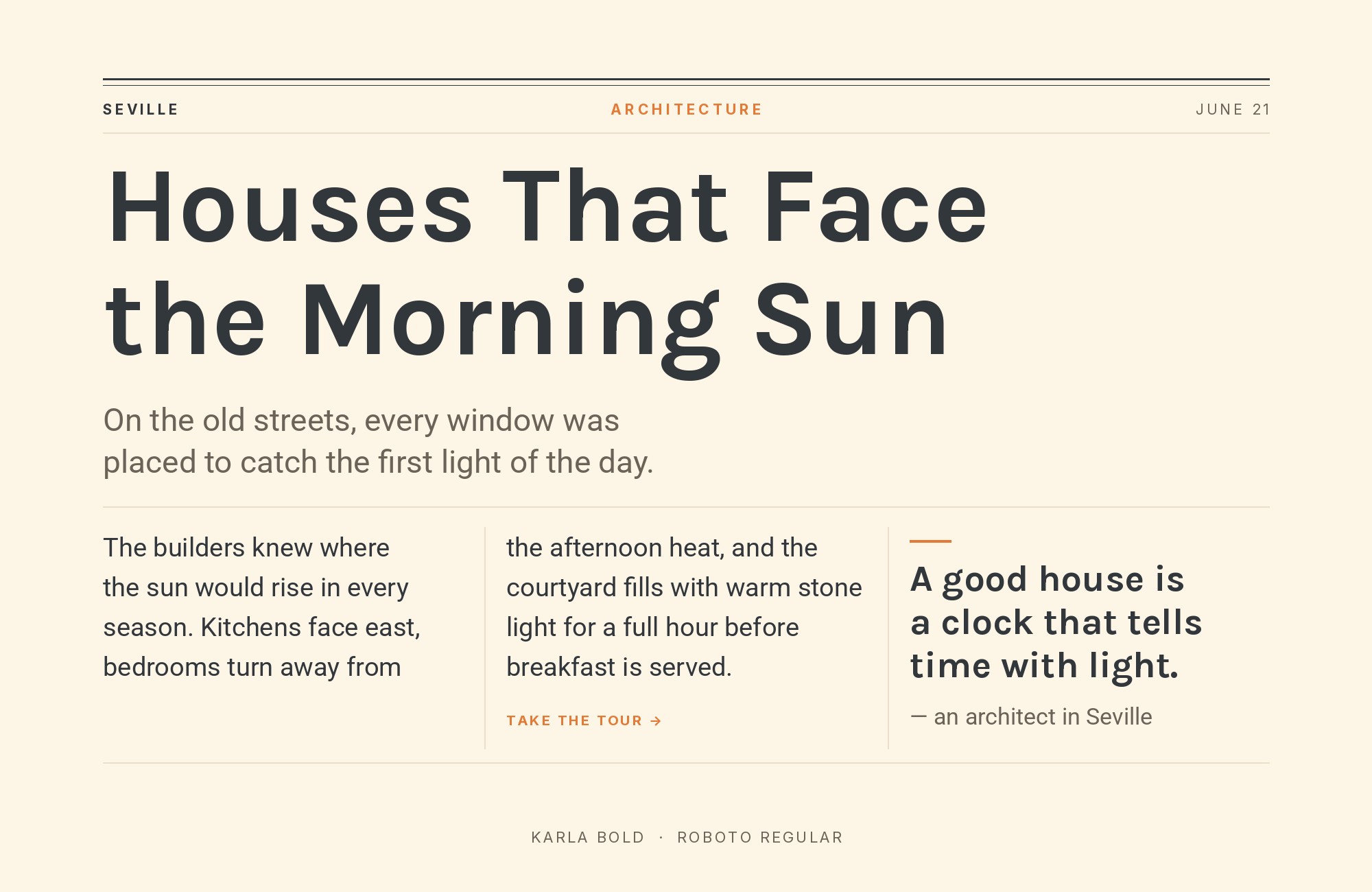 Karla and Roboto font pairing: Karla headline with Roboto body text