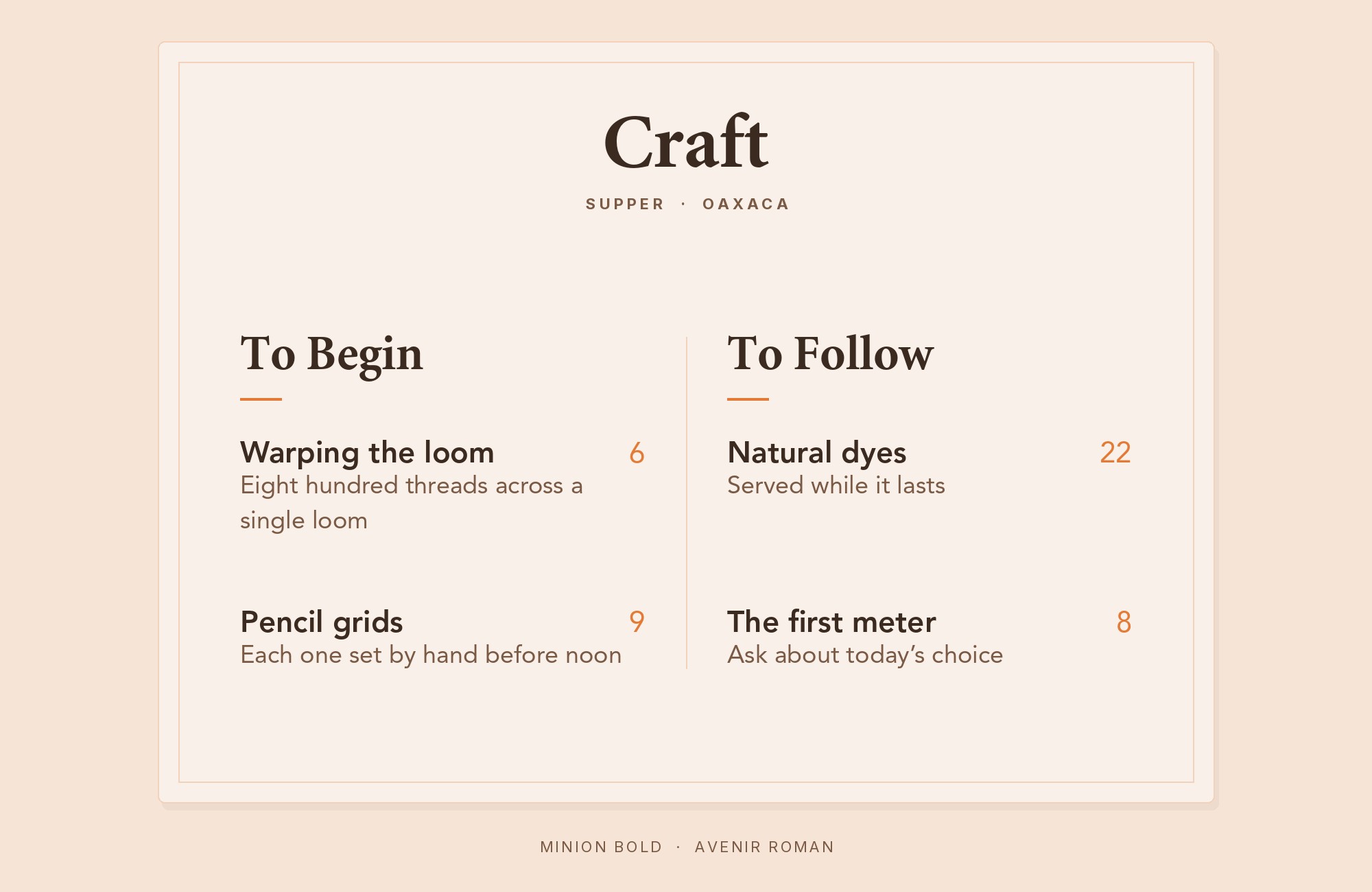Minion and Avenir font pairing: Minion headline with Avenir body text