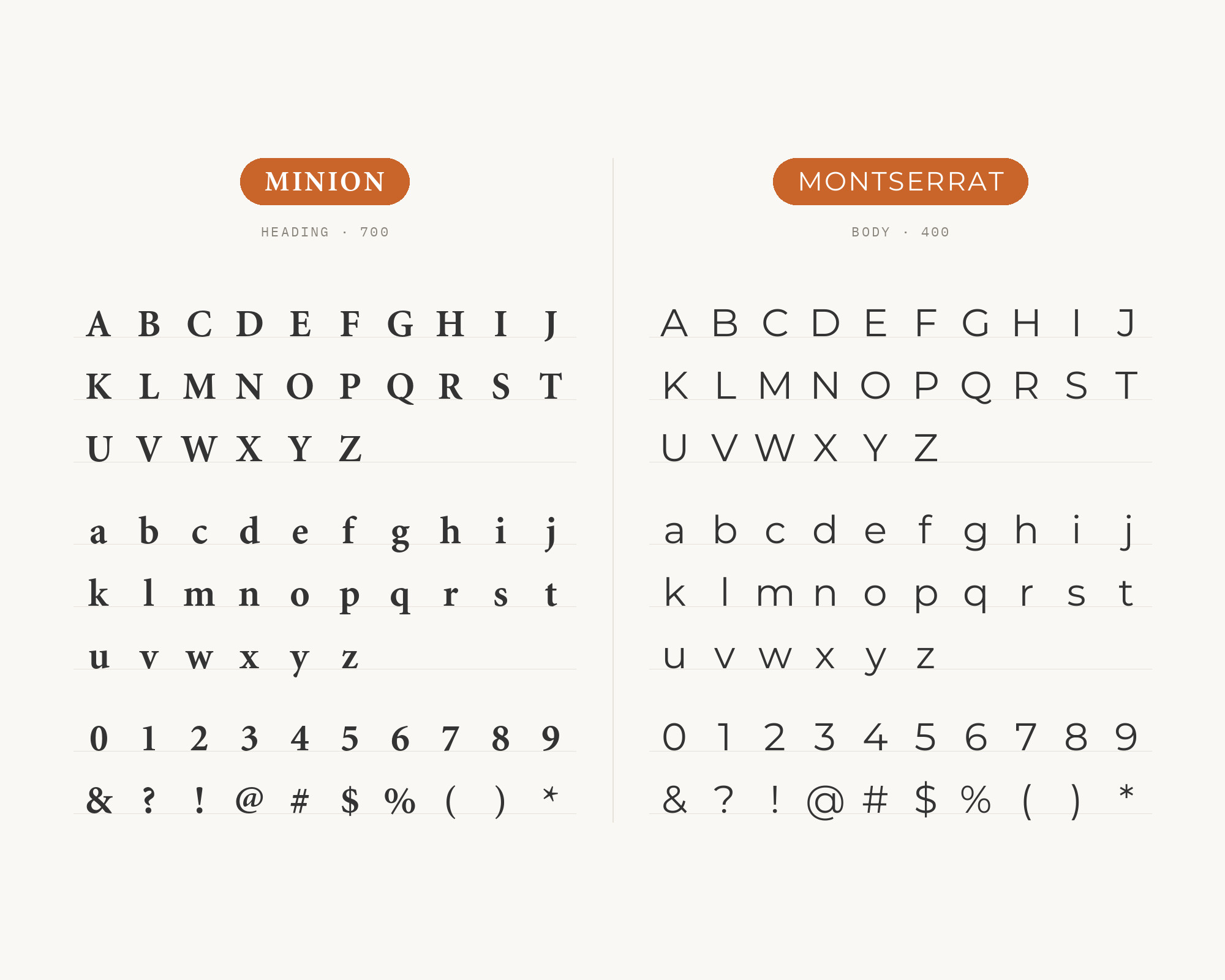 Character specimen: Minion (heading) and Montserrat (body) letters, numbers and symbols side by side
