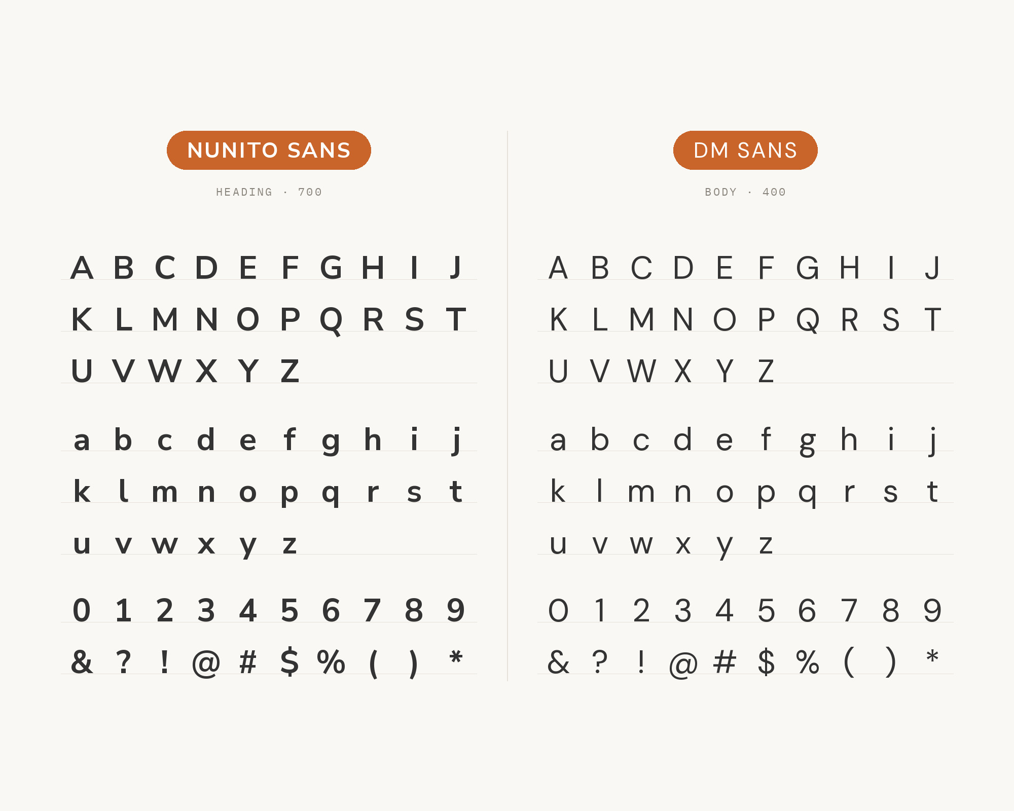 Character specimen: Nunito Sans (heading) and DM Sans (body) letters, numbers and symbols side by side