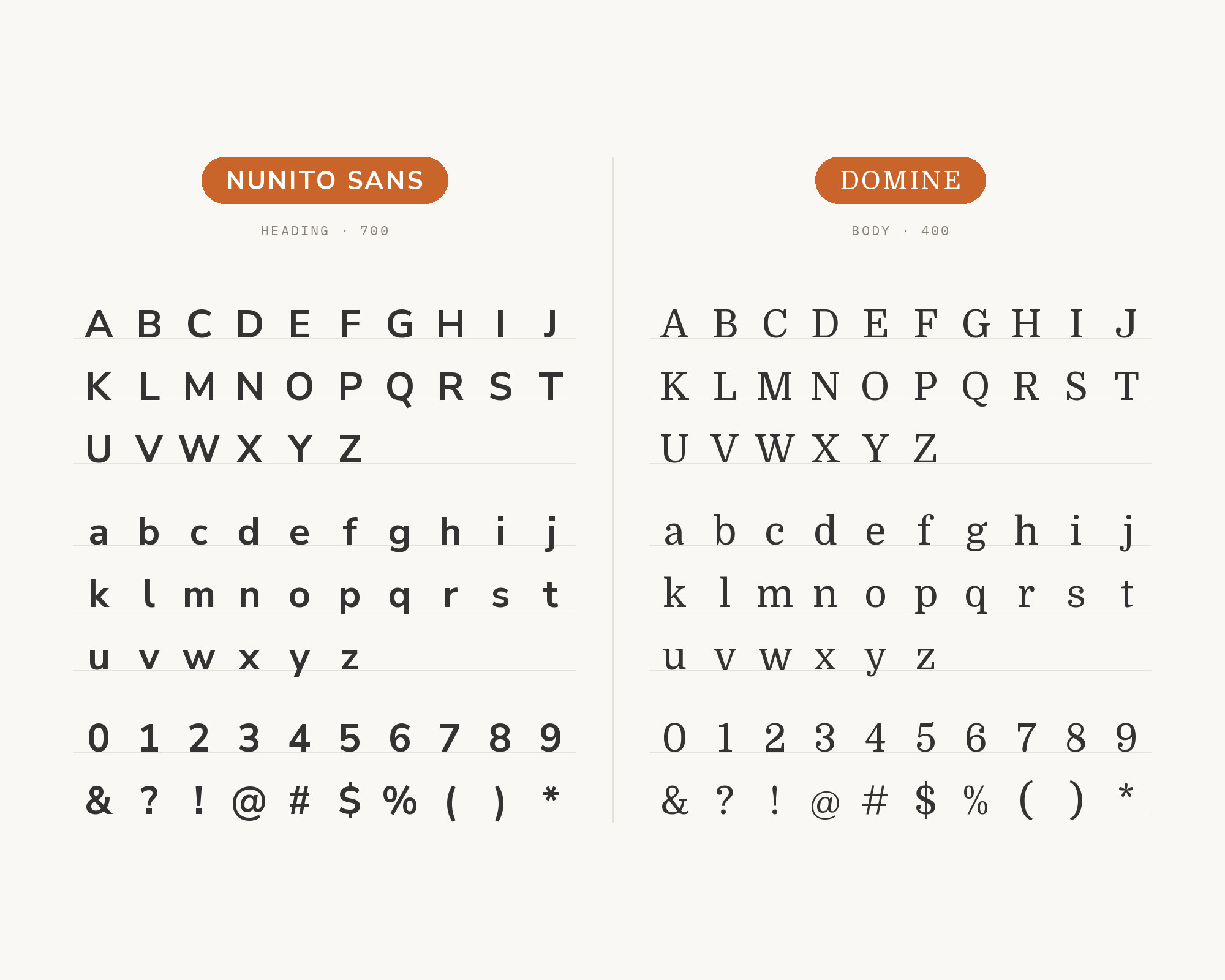 Character specimen: Nunito Sans (heading) and Domine (body) letters, numbers and symbols side by side
