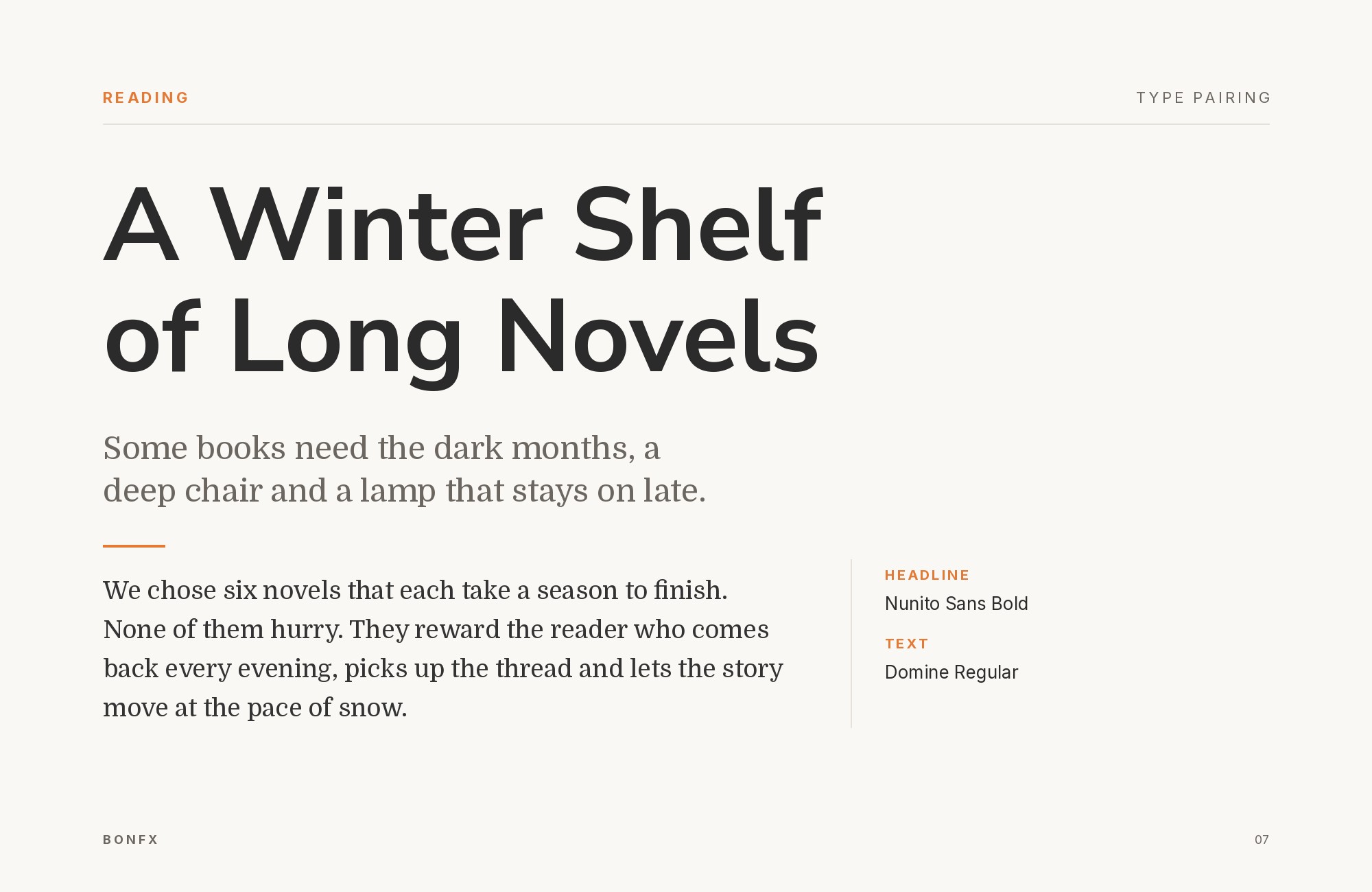 Nunito Sans and Domine font pairing: Nunito Sans headline with Domine body text