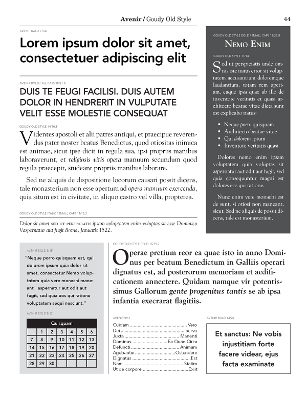 Sample page 44 showing Avenir paired with Goudy Old Style at multiple sizes