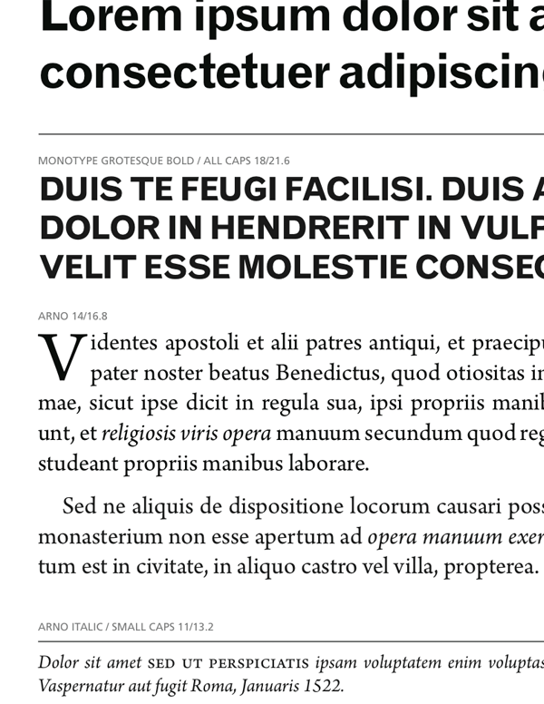 Close-up detail of Arno typeface showing italic, small caps, and size labels