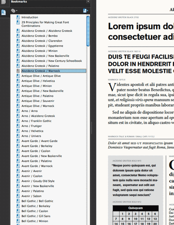 PDF open in Acrobat showing bookmarks panel with 50+ font pairing chapters and sample page