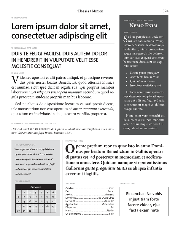 Sample page 324 showing Thesis paired with Minion at multiple sizes