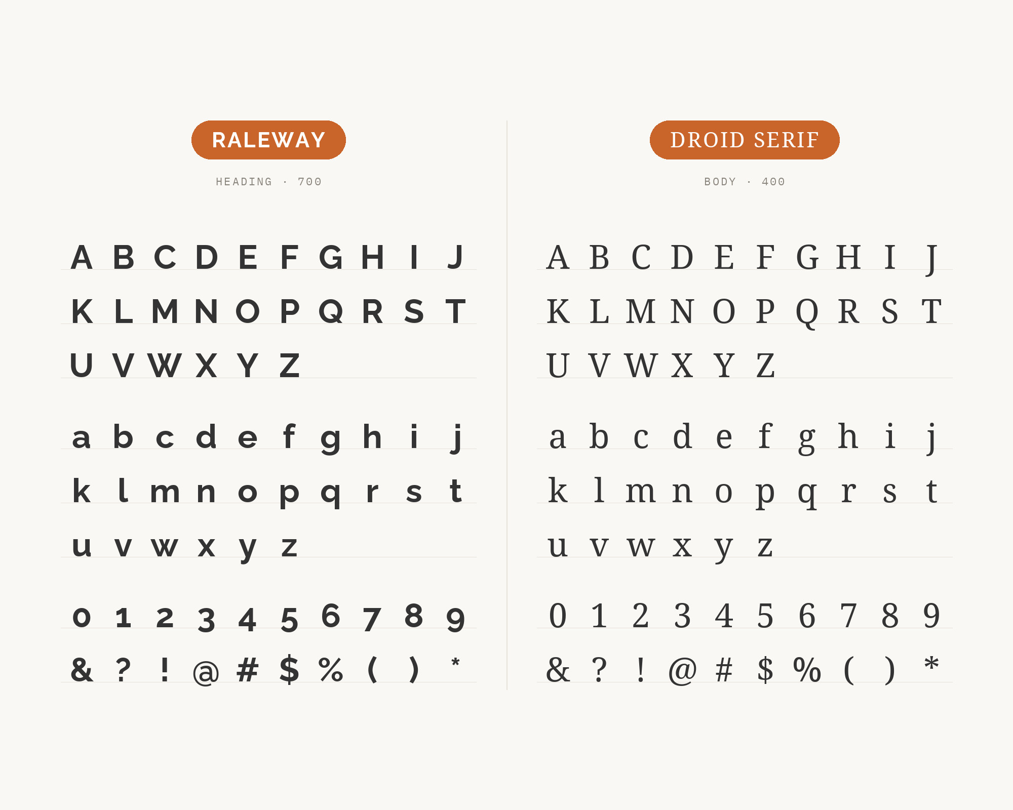 Character specimen: Raleway (heading) and Droid Serif (body) letters, numbers and symbols side by side