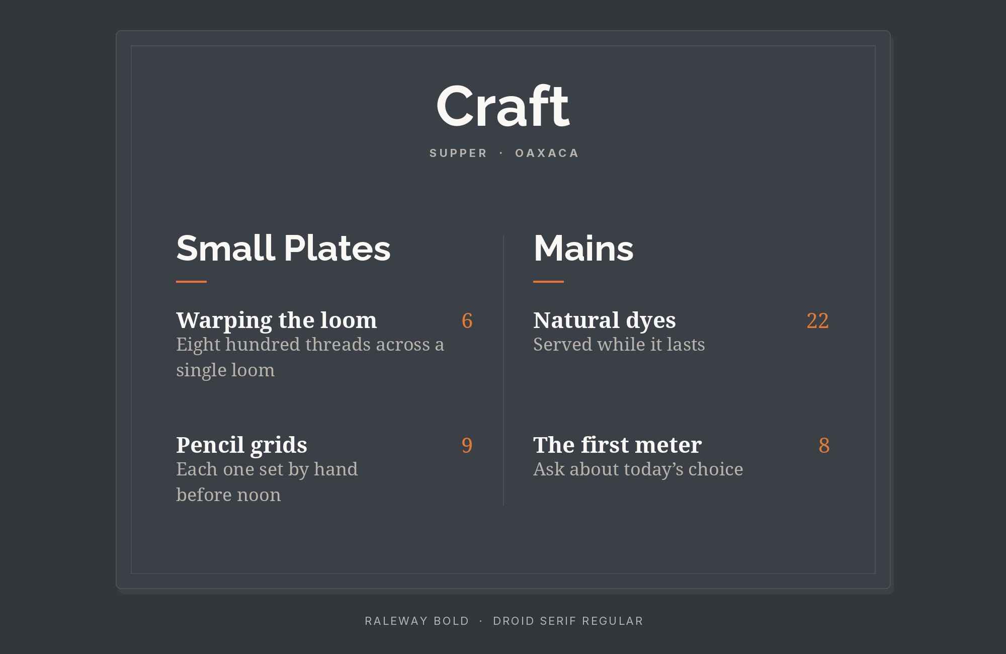 Raleway and Droid Serif font pairing: Raleway headline with Droid Serif body text