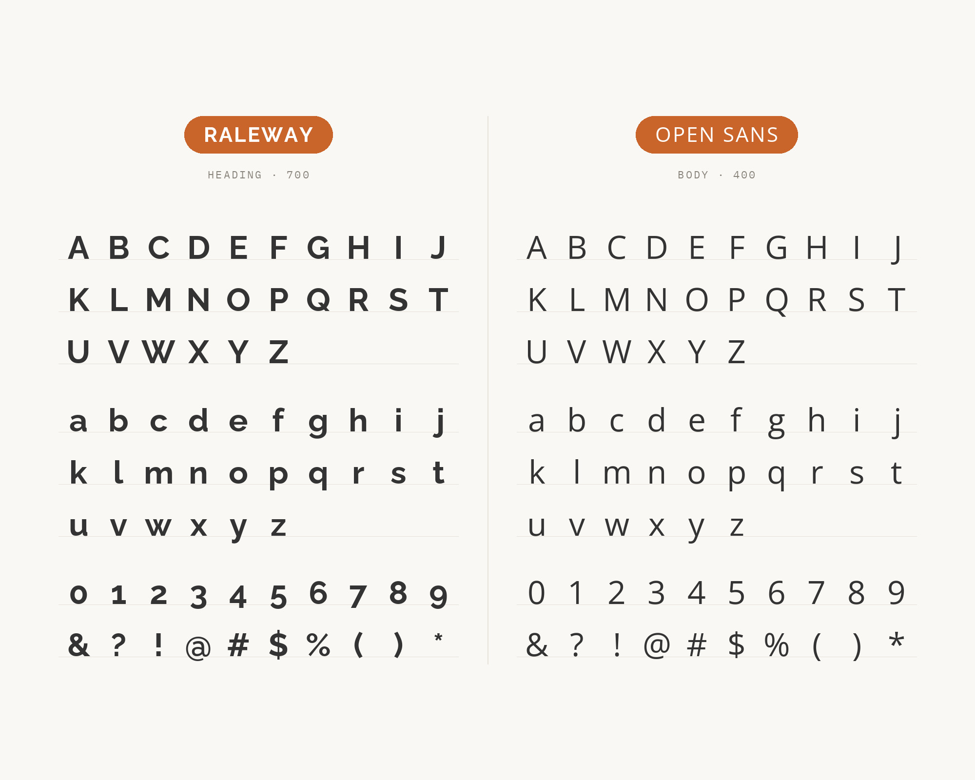 Character specimen: Raleway (heading) and Open Sans (body) letters, numbers and symbols side by side