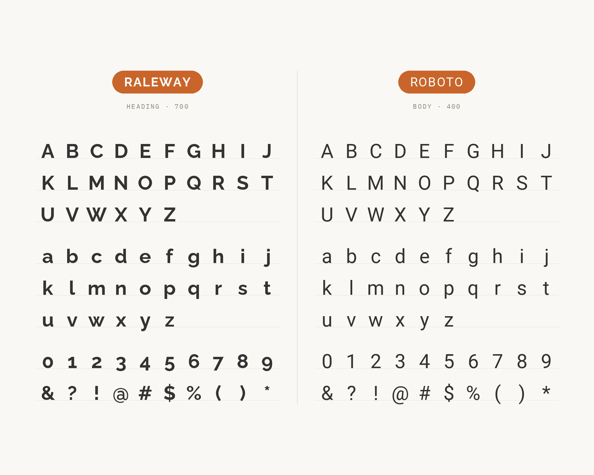Character specimen: Raleway (heading) and Roboto (body) letters, numbers and symbols side by side