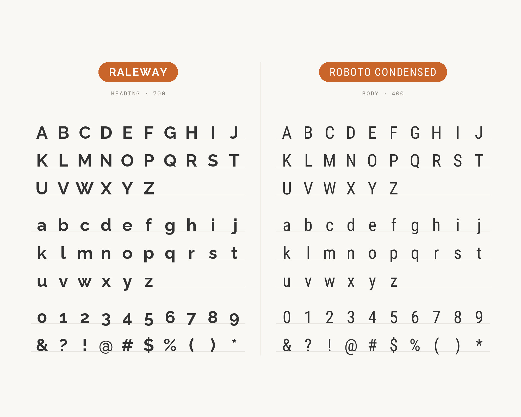 Character specimen: Raleway (heading) and Roboto Condensed (body) letters, numbers and symbols side by side