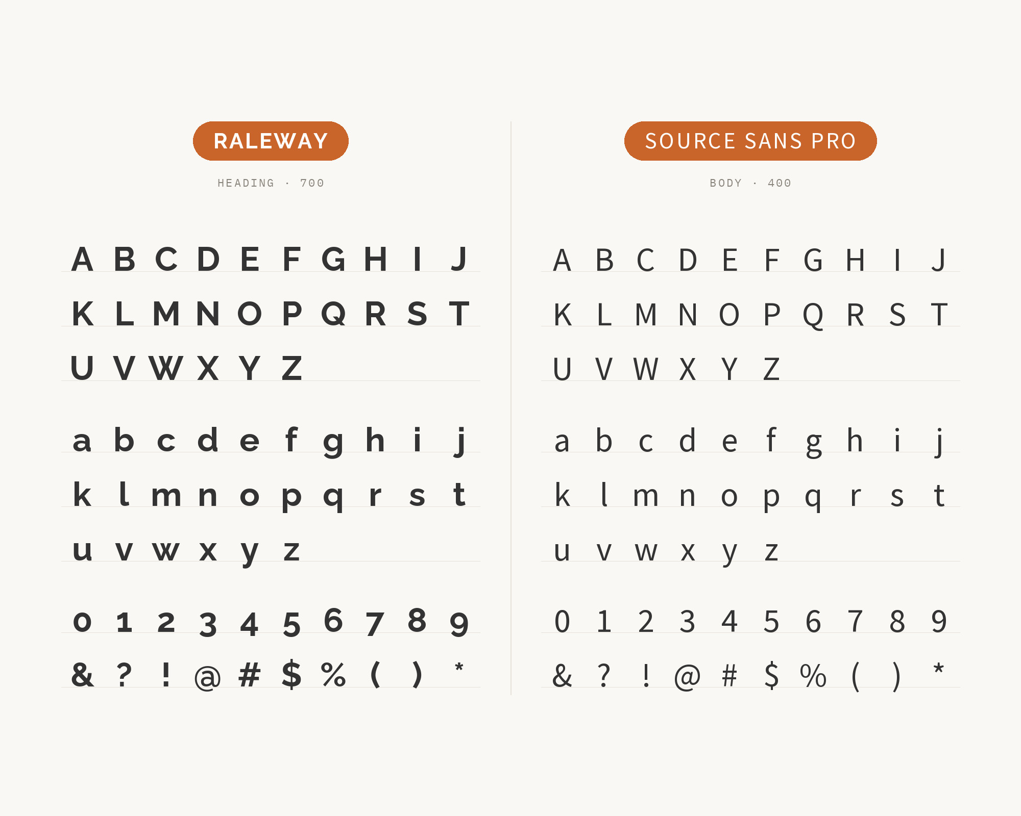 Character specimen: Raleway (heading) and Source Sans Pro (body) letters, numbers and symbols side by side