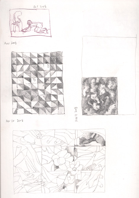 Several abstract composition sketches. The top left one focuses on patterns of dark and light, while the second focuses on organic blending of dark and light.