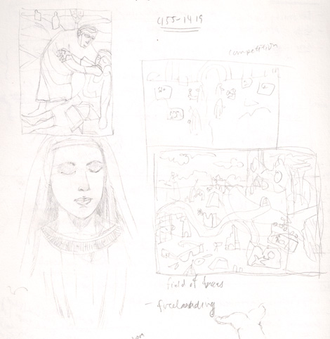 A few devotional fine art sketches and compositions. One is of the Virgin Mary, and the larger one is a concept for a painting about division among ecclesial communities.