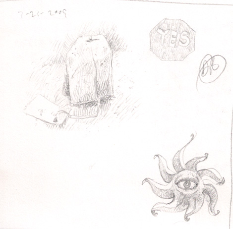 Lunchtime sketches: My teabag and a one-eyed, dangerous, spinning, octopus. 