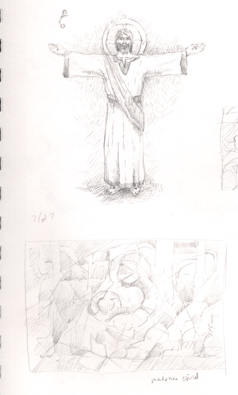 Realistic concept sketch of Jesus above an abstract Madonna and Child concept. I don't think abstract approaches to traditional topics work that well, maybe in the same way "Baroque" and "Hip Hop" probably don't mix that well