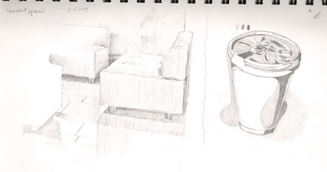Lunch time sketch: The furniture near me and my coffe cup. With the cup, I tried to use only black, white, and one gray and in a sense doing a manual "posterize filter" like Photoshop does. Meh...