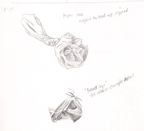 Lunch time sketch: more trash. I twisted a napkin into a "rose" of sorts, and then tried to draw a detail of the crumpled inside of a foil-lined chip bag. Note: drawing foil is hard.