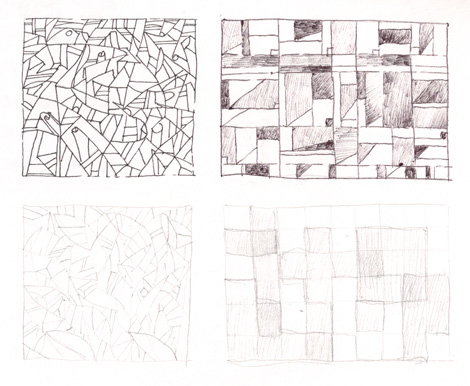 A series of abstract sketch concepts, some focused on grids and patterns.