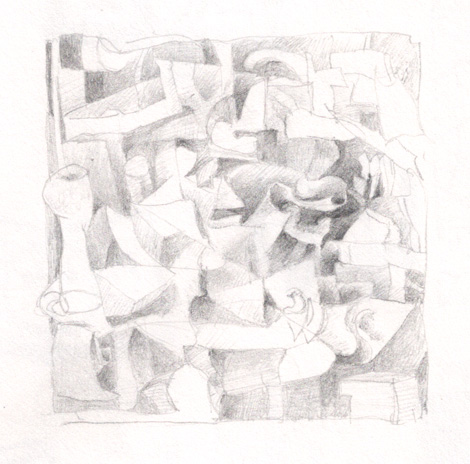 Small, detailed study on improvised composition of light and dark slowly built up. This is about 2 inches square.