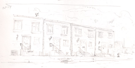 Improvised street scene sketch. I wondered how repeating certain improvised elements would work in a more realisitc application.