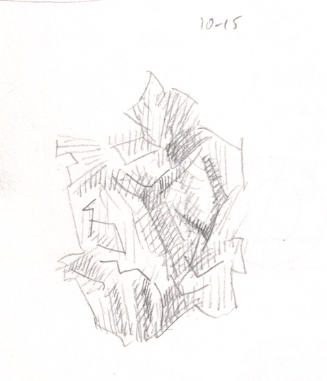 Very loose sketch, a study of tonal values of a crumpled napkin (my favorite lunch time prop) done with quick cross-hatching.