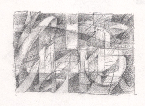 Abstract pencil sketch study of improvised composition, built in layers. I like the idea of transparency of abstract shapes and would like to explore this in a larger work, possibly charcoal.