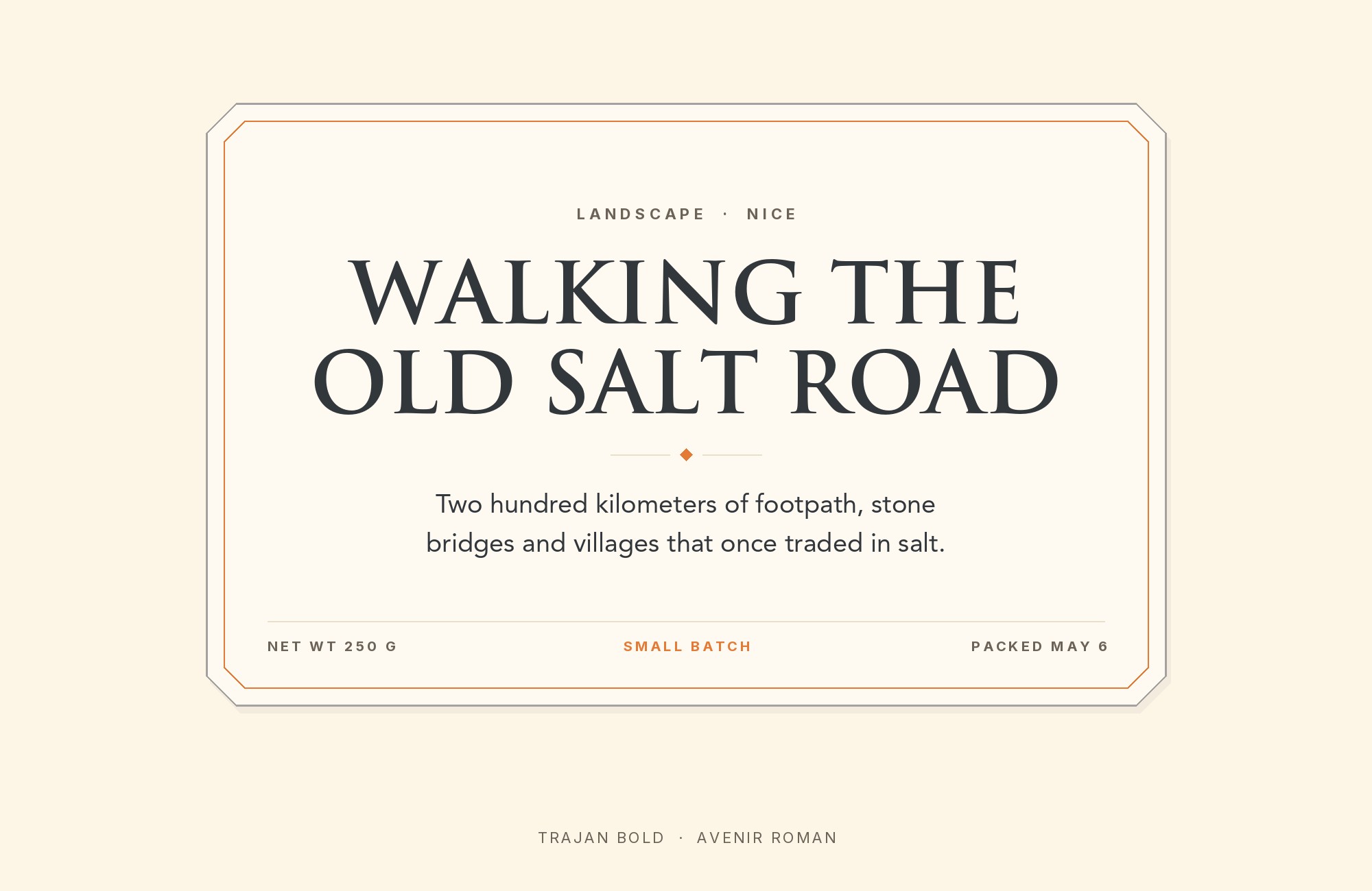 Trajan and Avenir font pairing: Trajan headline with Avenir body text