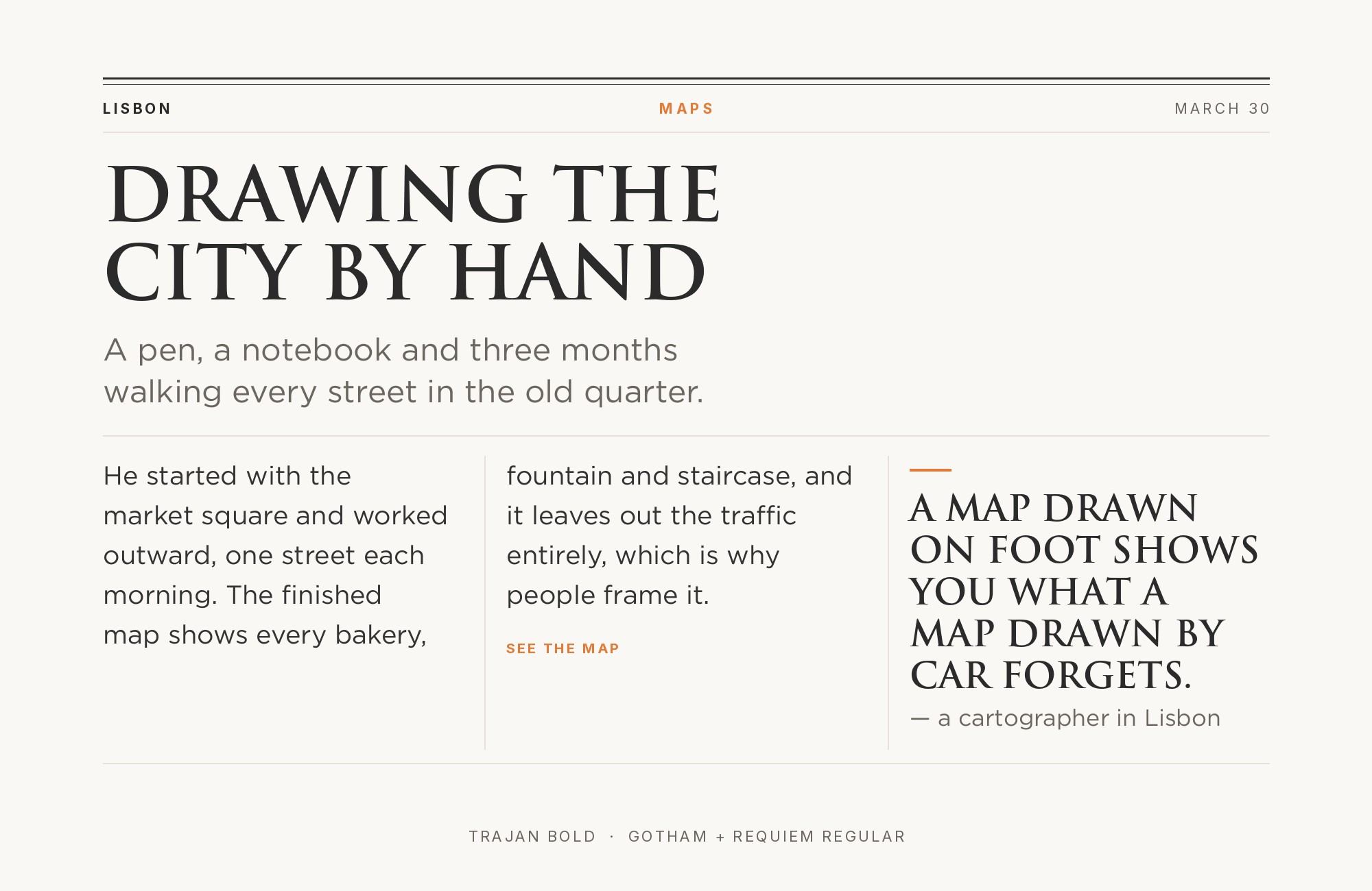 Trajan and Gotham + Requiem font pairing: Trajan headline with Gotham + Requiem body text