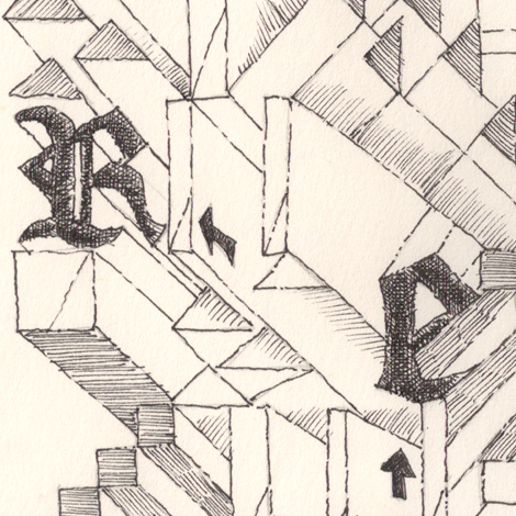 Close up and cross hatching of a few letters and angles.