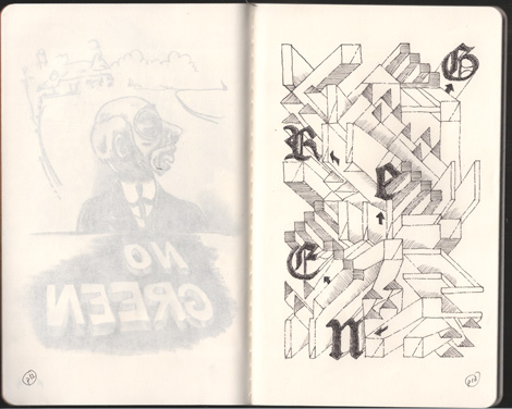 Blackletter type of the word "Green" with lots of angles surrounding.