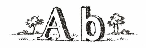Pen-and-ink enlargement of a half-inch-tall book vignette showing the letterforms A and b, from a late-18th-century pocket book
