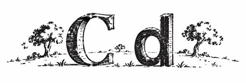 Pen-and-ink enlargement of a half-inch-tall book vignette showing the letterforms C and d, from a late-18th-century pocket book