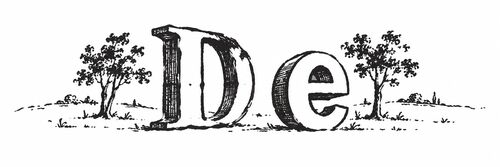 Pen-and-ink enlargement of a half-inch-tall book vignette showing the letterforms D and e, from a late-18th-century pocket book