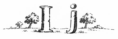 Pen-and-ink enlargement of a half-inch-tall book vignette showing the letterforms I and j, from a late-18th-century pocket book