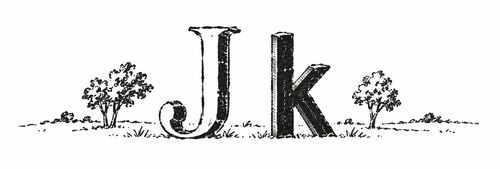 Pen-and-ink enlargement of a half-inch-tall book vignette showing the letterforms J and k, from a late-18th-century pocket book