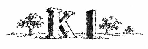 Pen-and-ink enlargement of a half-inch-tall book vignette showing the letterforms K and l, from a late-18th-century pocket book
