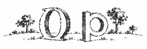 Pen-and-ink enlargement of a half-inch-tall book vignette showing the letterforms O and p, from a late-18th-century pocket book